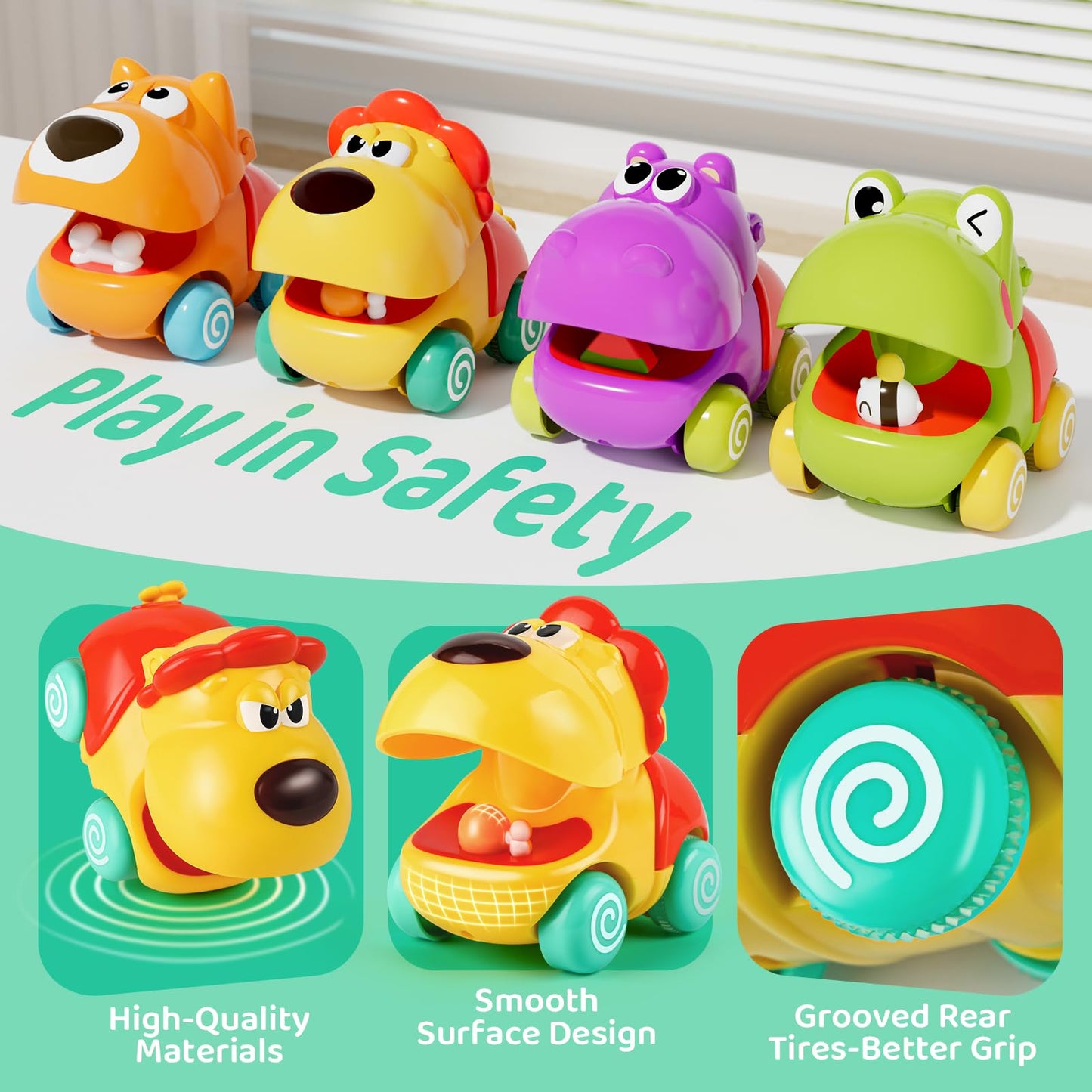 ALASOU Push and Go Animal Car Toys – 4 Vehicle Set for Toddlers 1–3 (No Batteries)