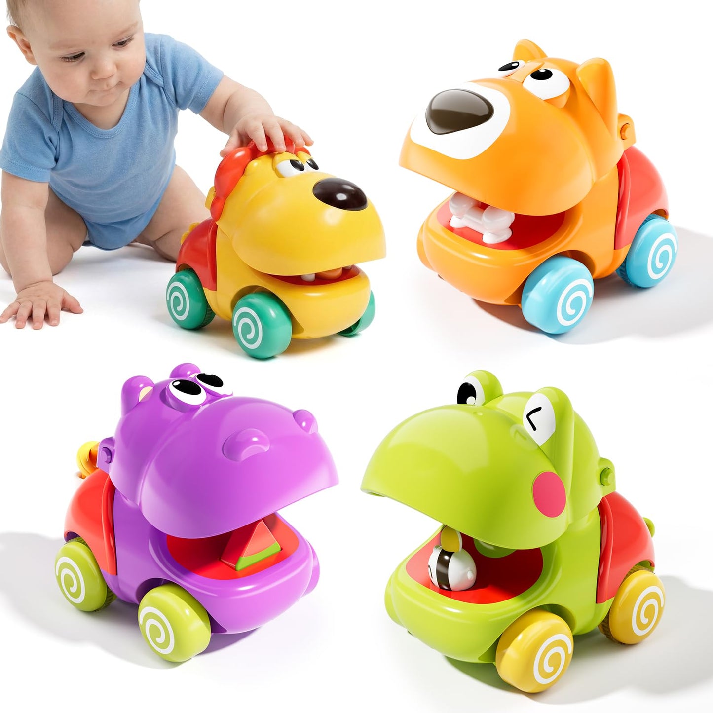 ALASOU Push and Go Animal Car Toys – 4 Vehicle Set for Toddlers 1–3 (No Batteries)