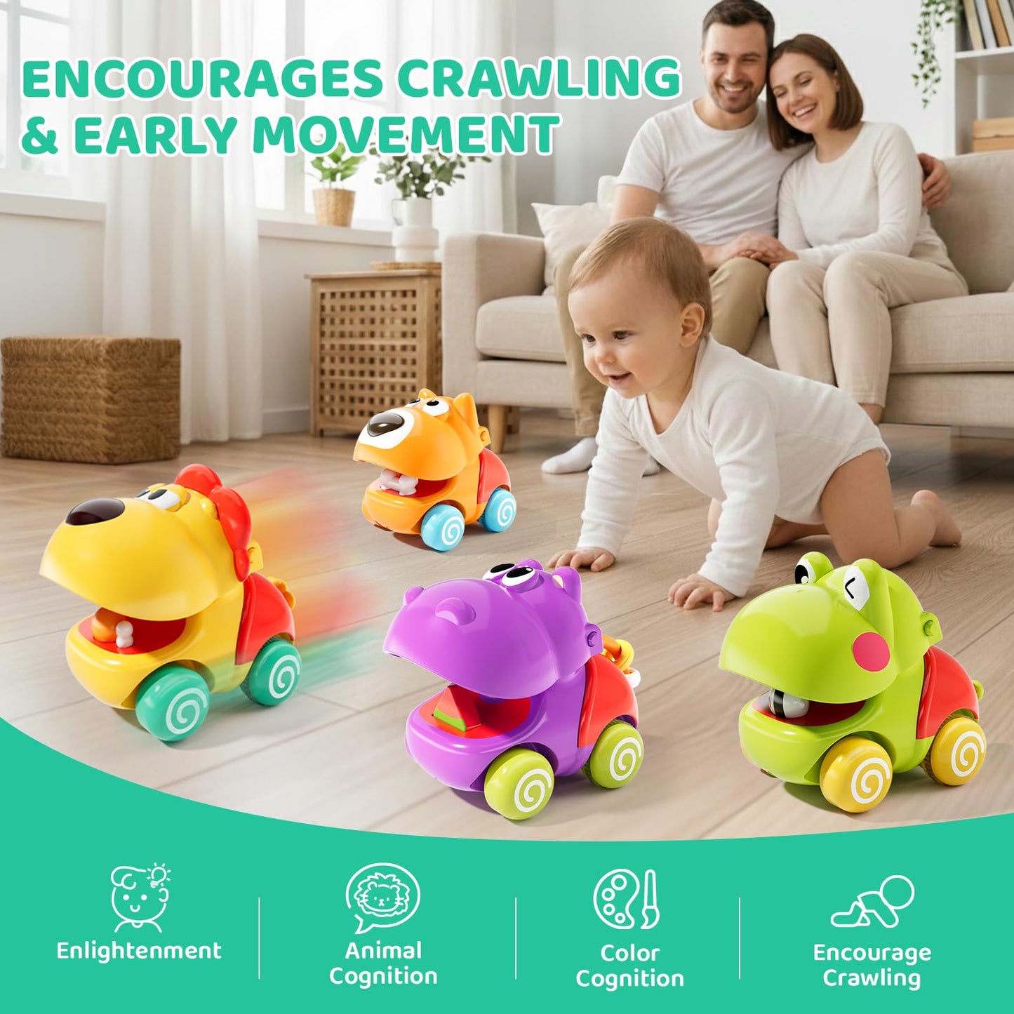 ALASOU Push and Go Animal Car Toys – 4 Vehicle Set for Toddlers 1–3 (No Batteries)