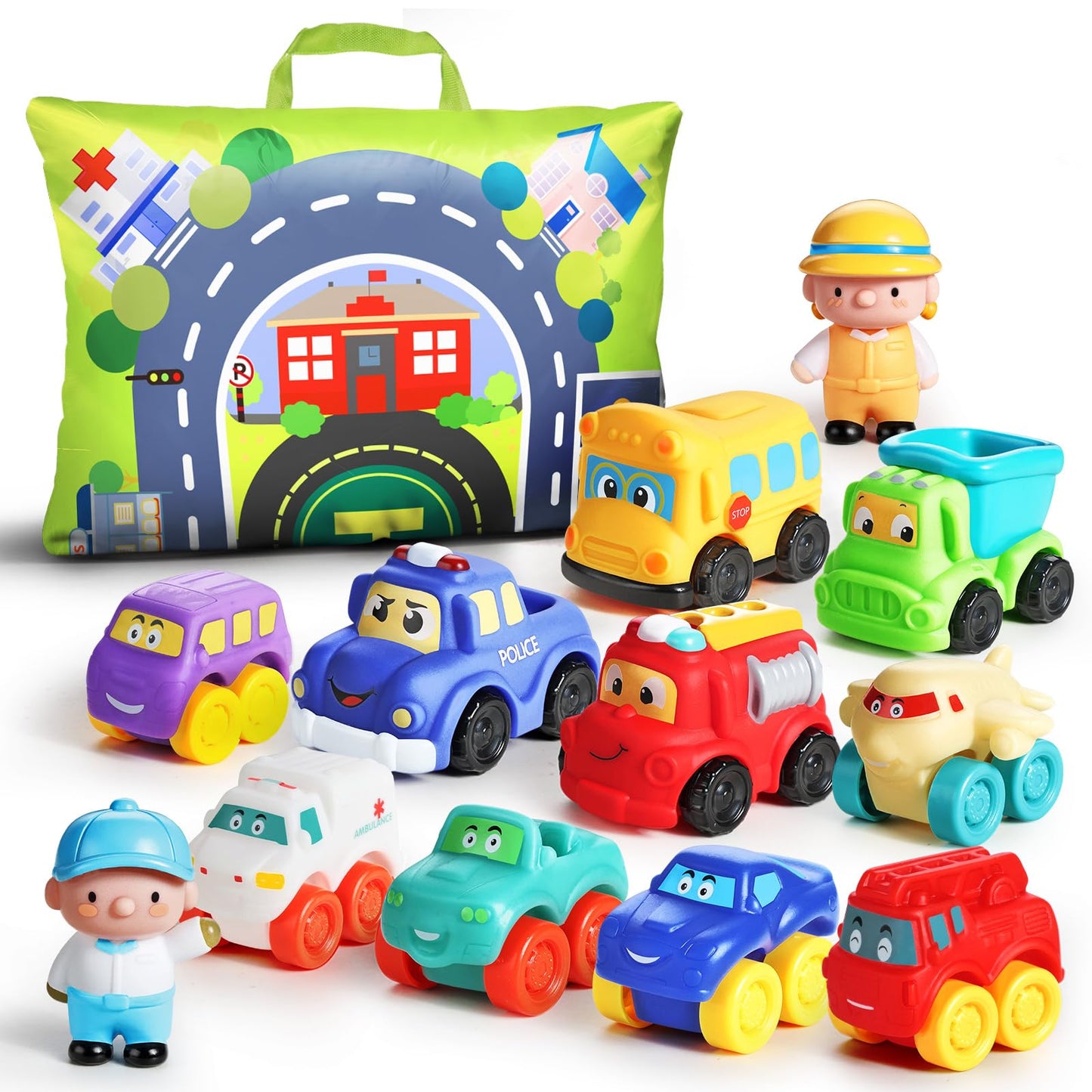 ALASOU 12-Piece Soft Rubber Car Toys with Playmat & Storage Bag — Baby & Toddler Toys for 12–18 Months