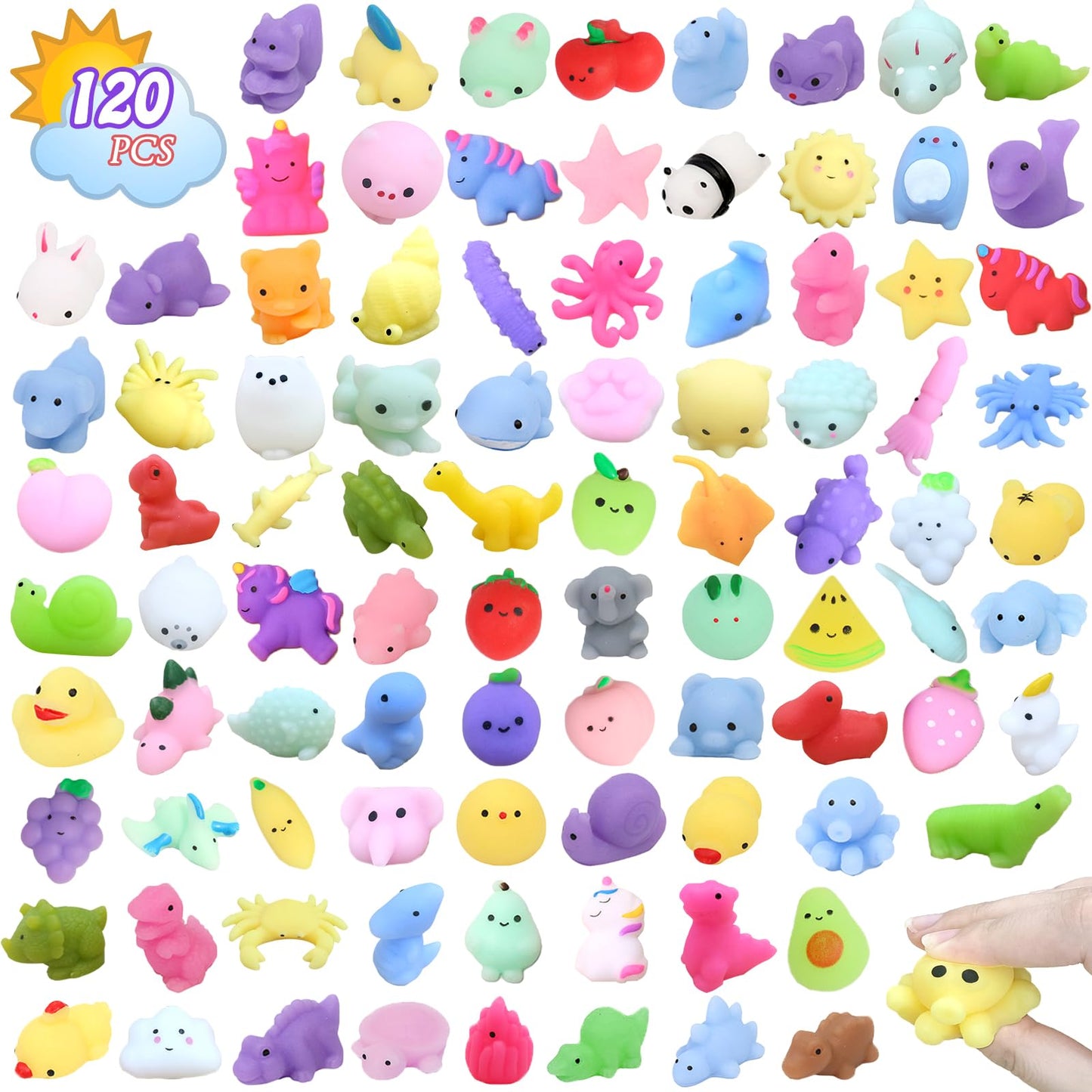 Albiuev 120 Pcs Random Mochi Squishy Toys Bulk – Kawaii Fidget Toys for Kids