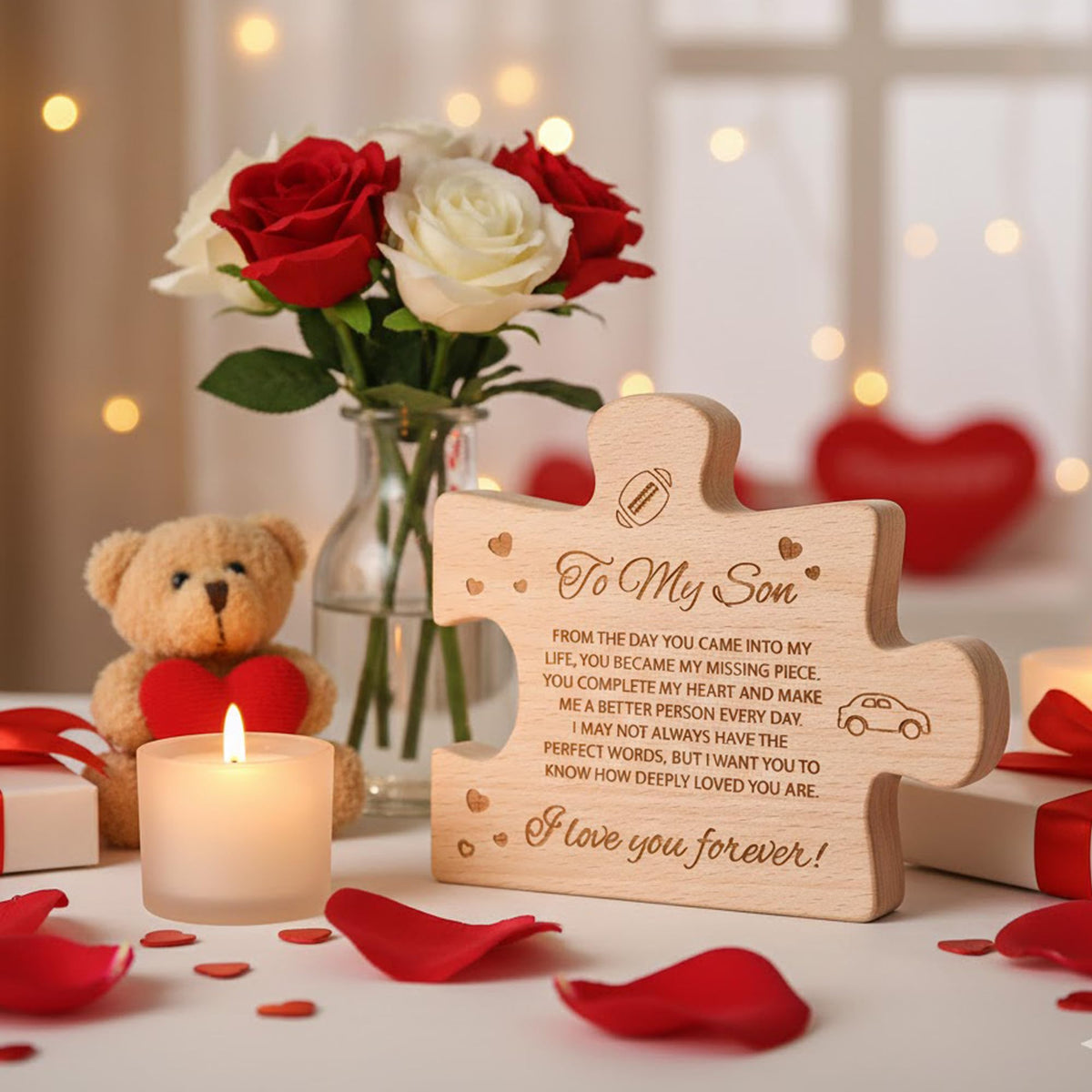 To My Son – Valentines Gifts from Mom | Alcarin Wooden Block Puzzle Keepsake