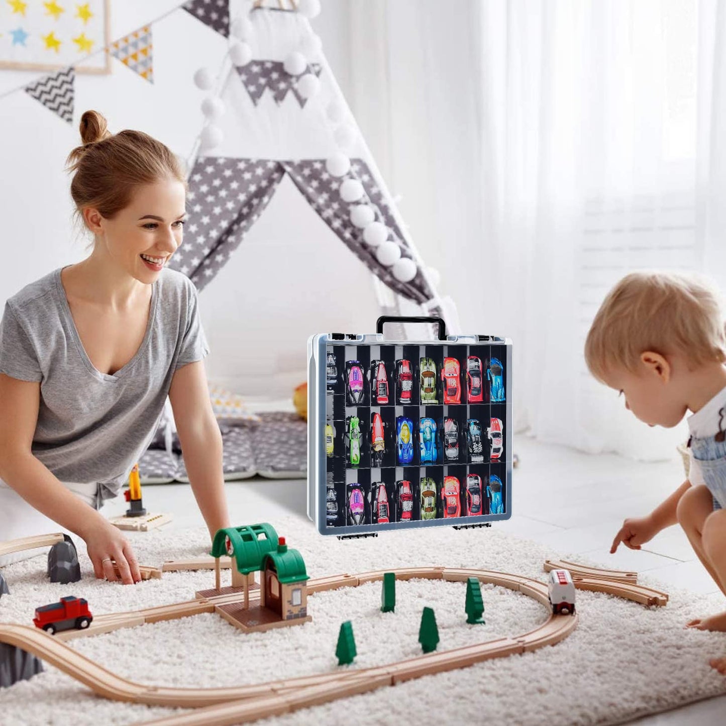 ALCYON Double-Sided Toy Storage Case with 48 Compartments – Black