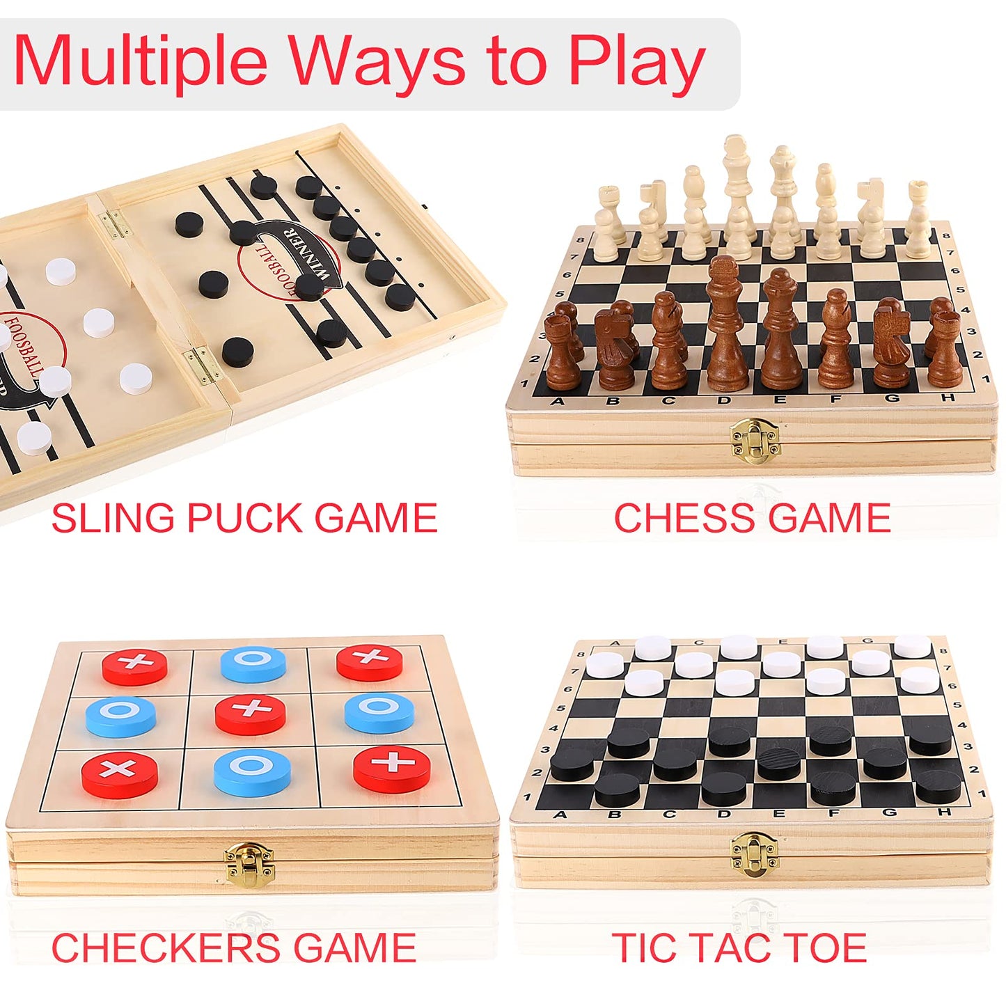 Alemard Sling Puck 4-in-1 Table Game Set - Fast Puck, Checkers, Chess, Tic Tac Toe
