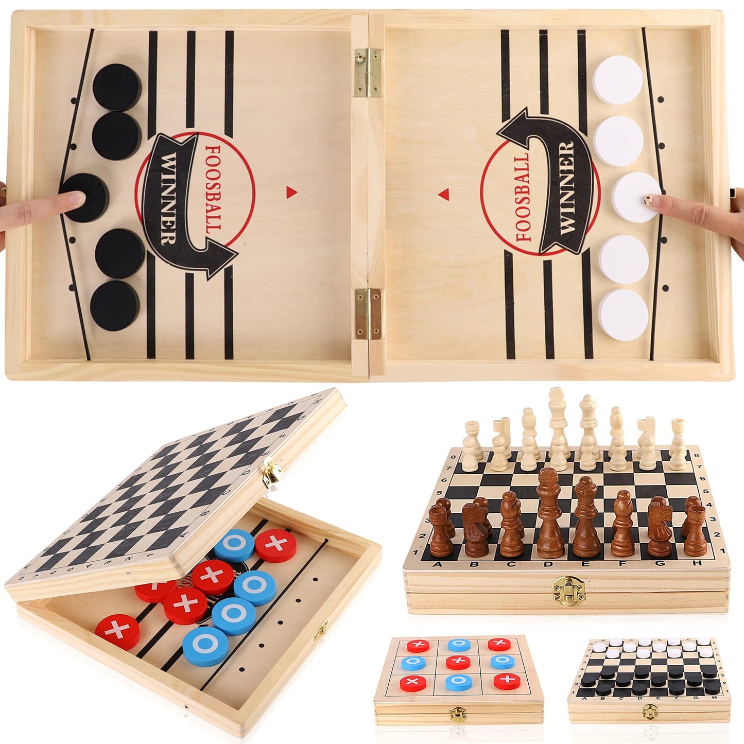 Alemard Sling Puck 4-in-1 Table Game Set - Fast Puck, Checkers, Chess, Tic Tac Toe