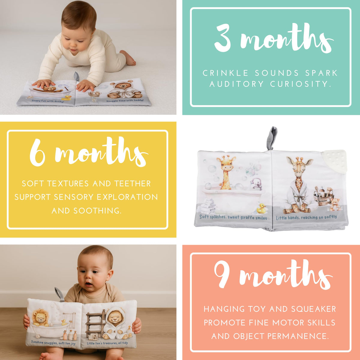 Ali+Oli Baby Cloth Book – Soft Crinkle Teether for Infants 0-12 Months | Early Learning Tummy Time Toy