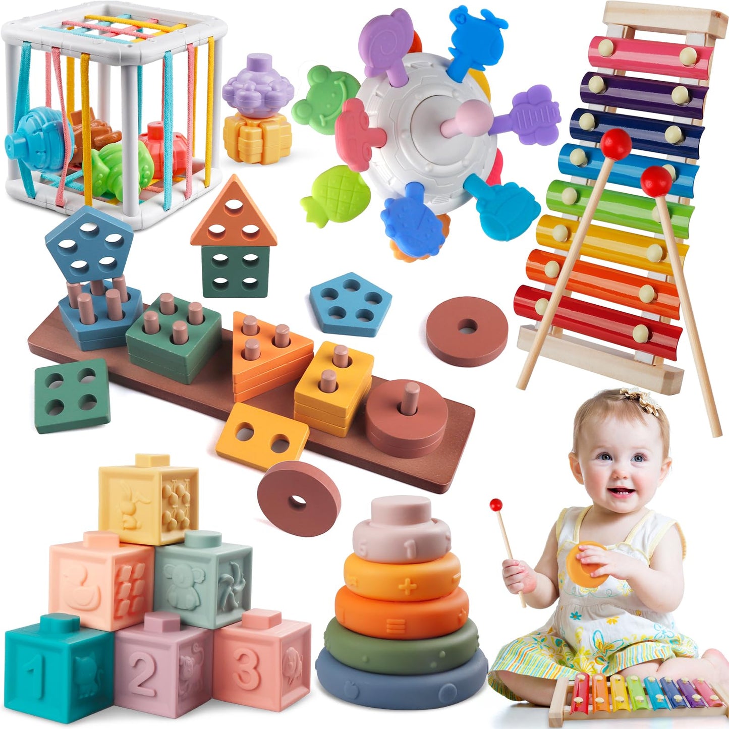 Aliex 6-in-1 Montessori Baby Toys for 1 Year Olds | Sensory Teether, Stacking Blocks & Xylophone