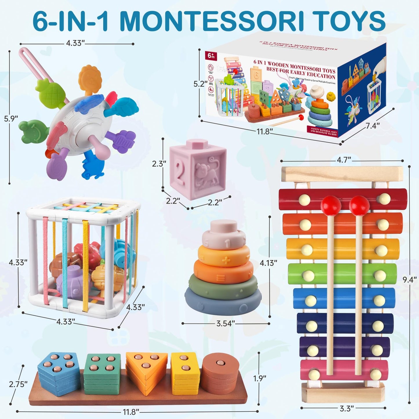 Aliex 6-in-1 Montessori Baby Toys for 1 Year Olds | Sensory Teether, Stacking Blocks & Xylophone