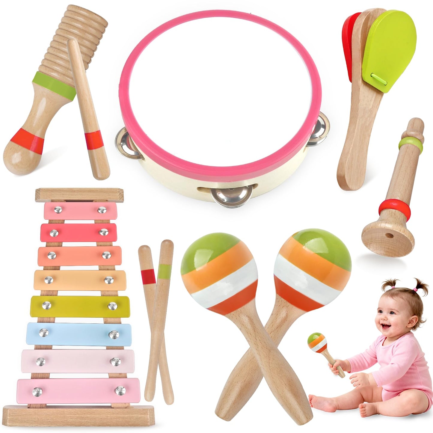 Aliex Baby Montessori Musical Instruments for Girls – 6-in-1 Pink Wooden Xylophone Set