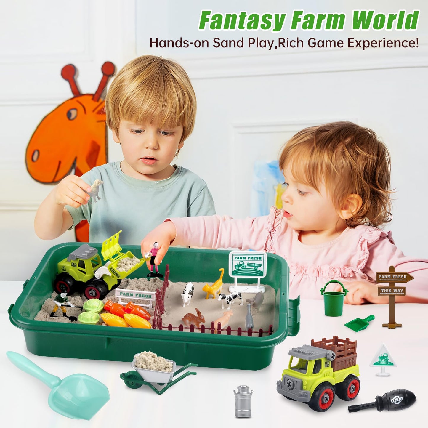 Aliex Farm Sensory Bin – 2.2 lbs Play Sand, 31pc Farm Toys & Lid (Ages 3–8)