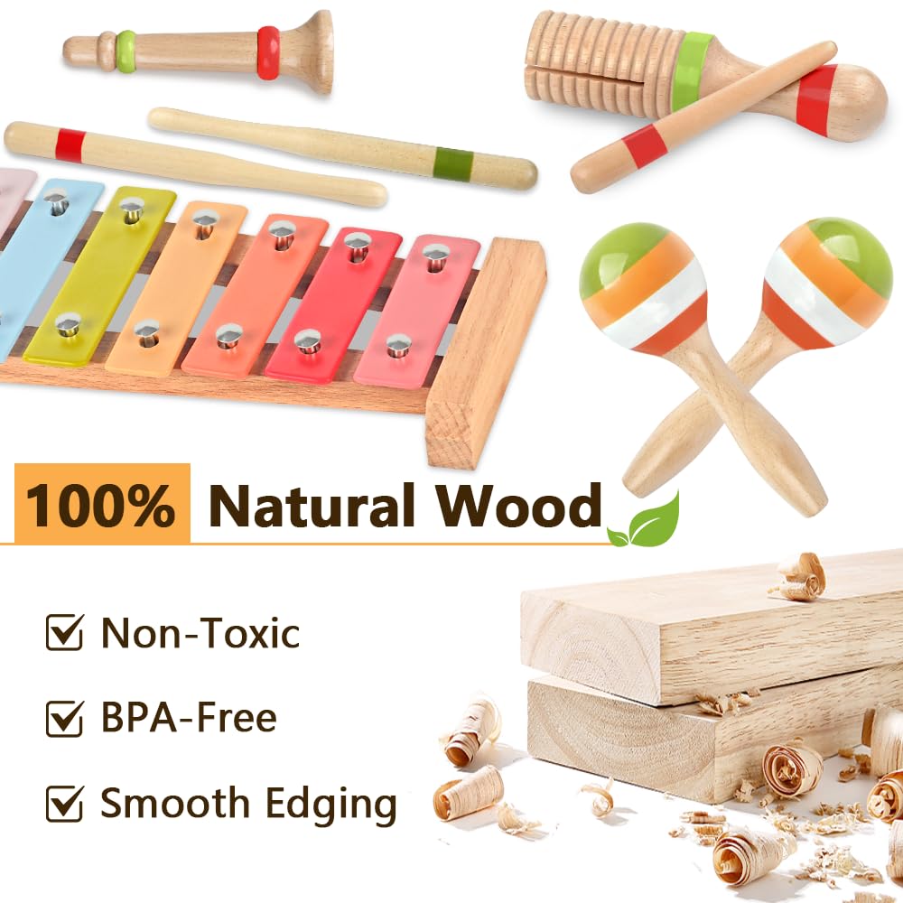 Aliex Baby Montessori Musical Instruments for Girls – 6-in-1 Pink Wooden Xylophone Set