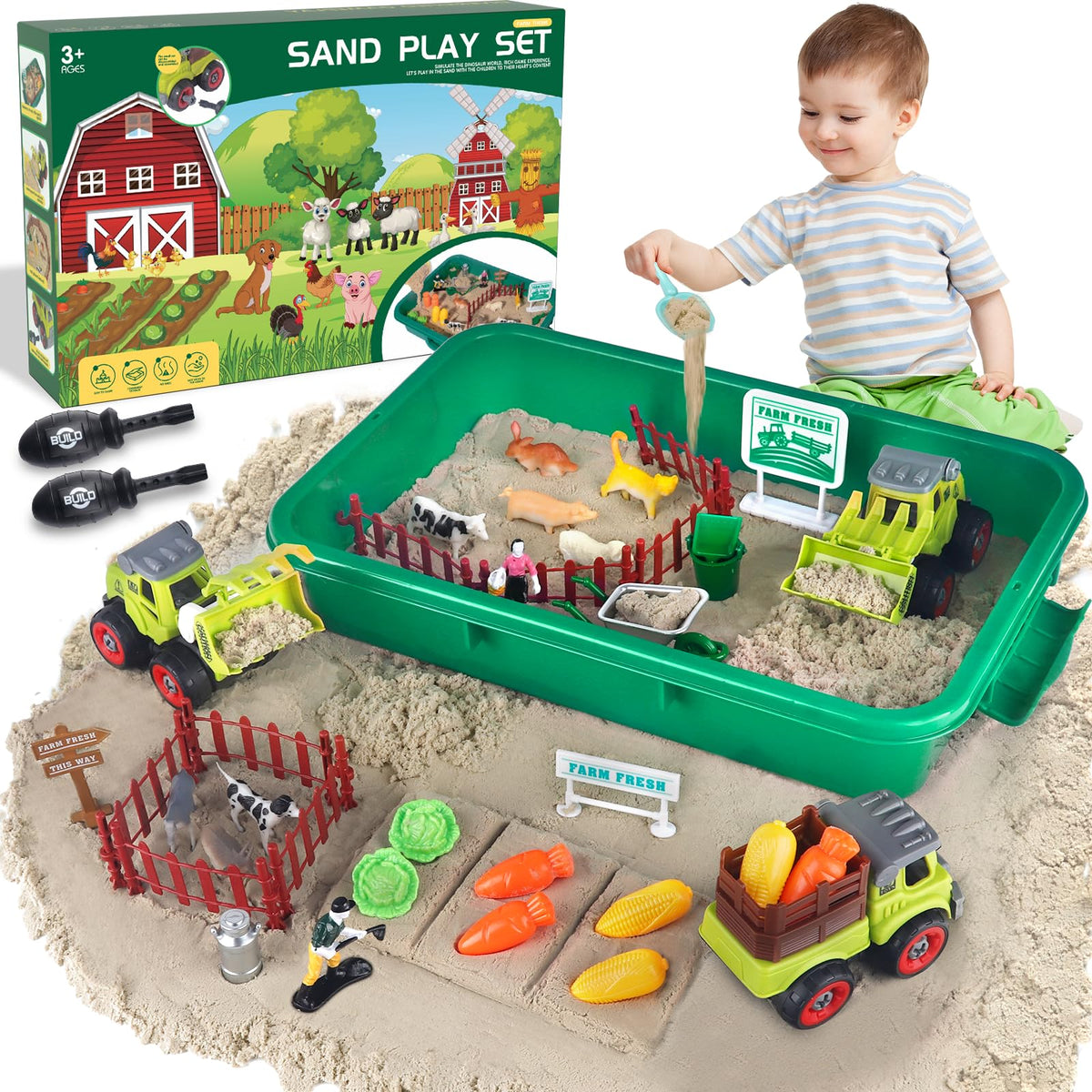 Aliex Farm Sensory Bin – 2.2 lbs Play Sand, 31pc Farm Toys & Lid (Ages 3–8)