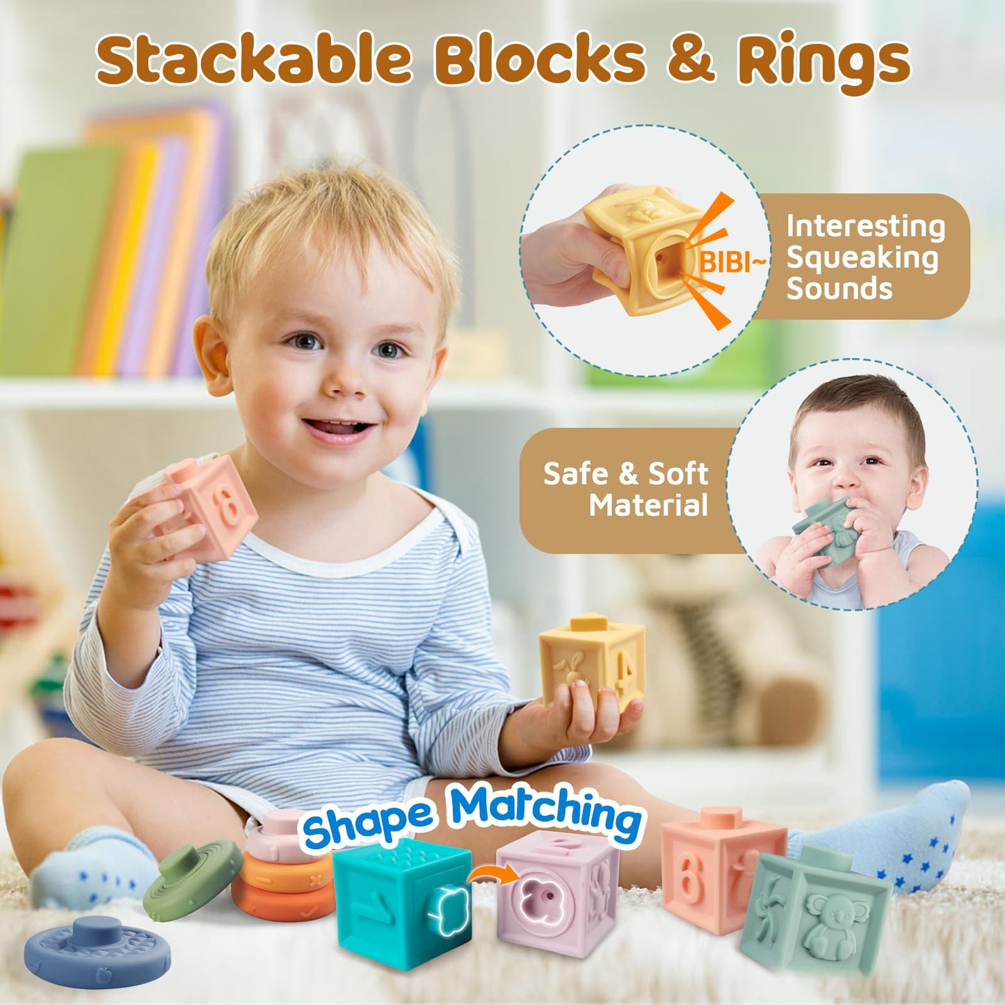 Aliex 6-in-1 Montessori Baby Toys for 1 Year Olds | Sensory Teether, Stacking Blocks & Xylophone