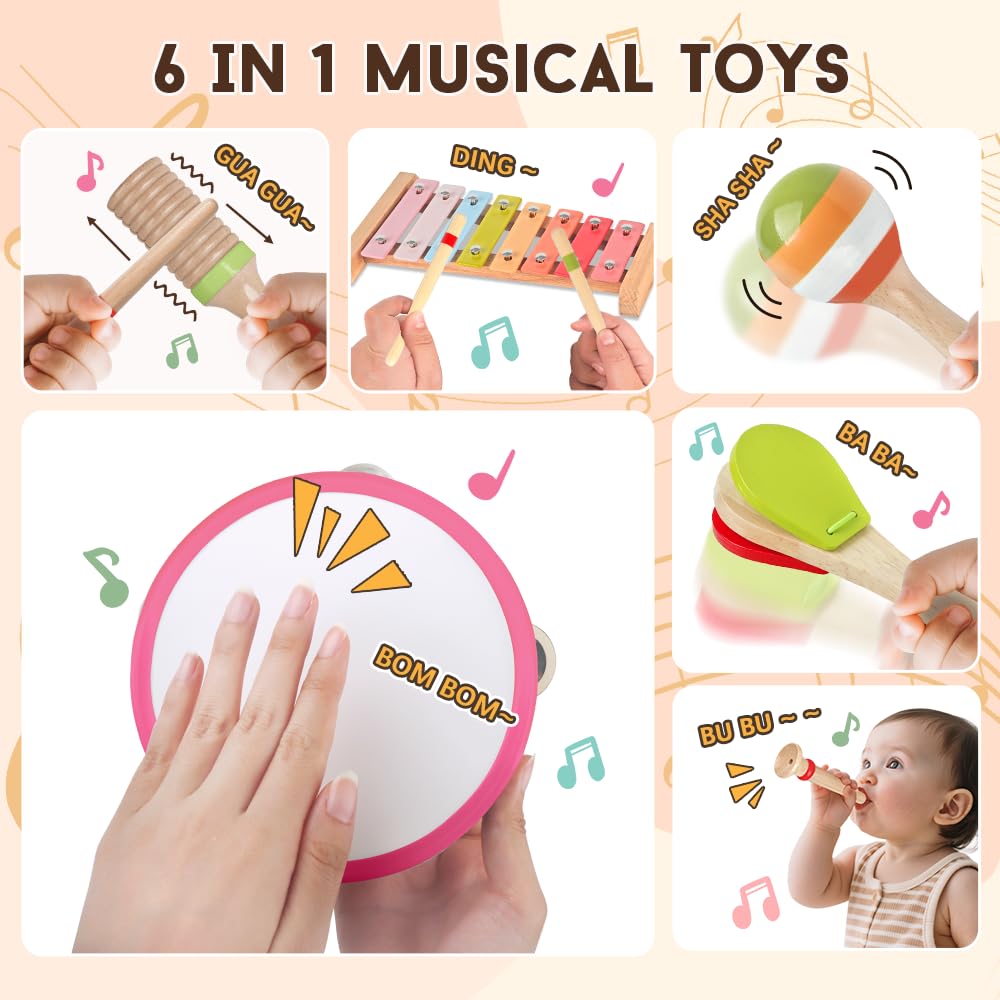 Aliex Baby Montessori Musical Instruments for Girls – 6-in-1 Pink Wooden Xylophone Set