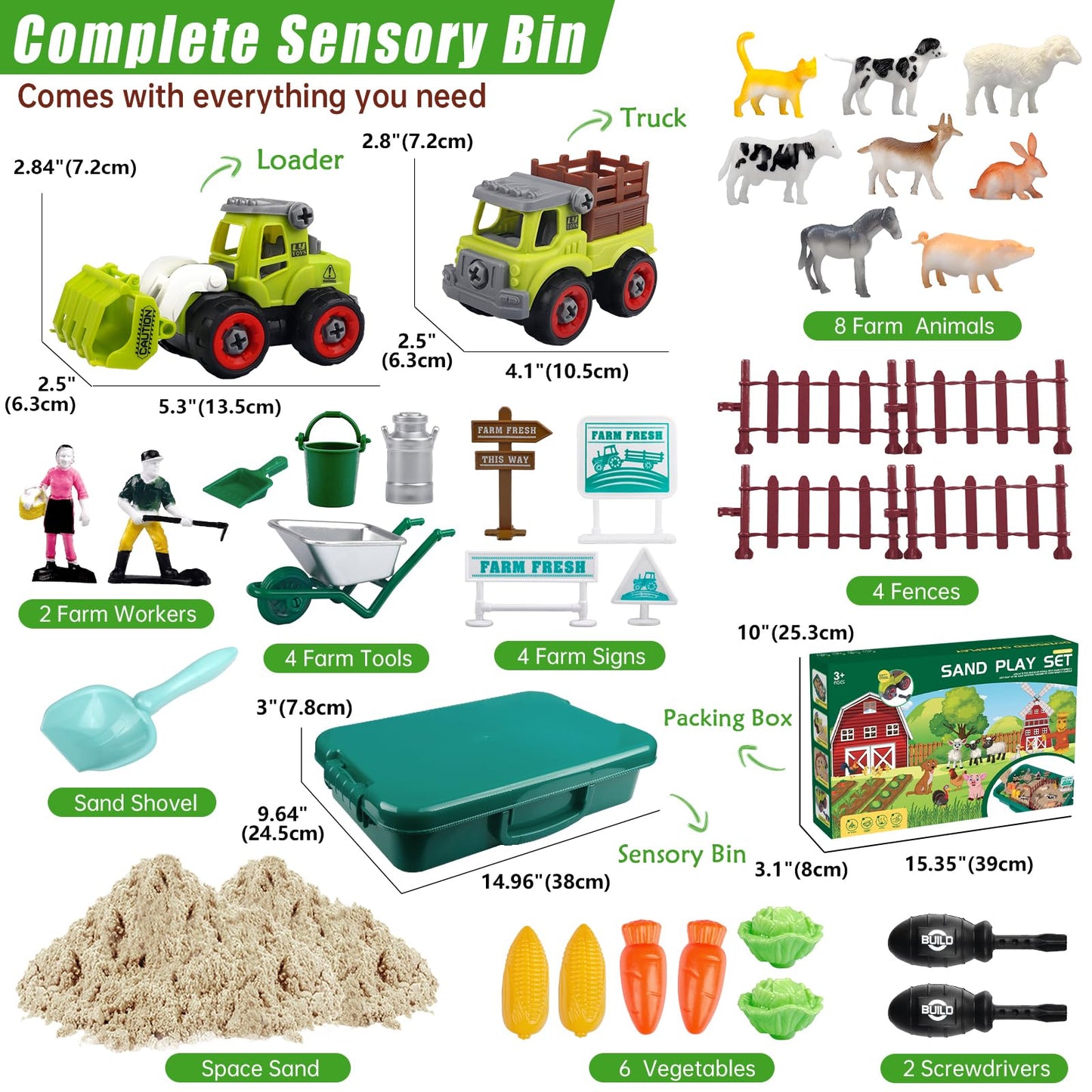 Aliex Farm Sensory Bin – 2.2 lbs Play Sand, 31pc Farm Toys & Lid (Ages 3–8)