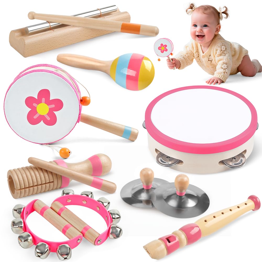 Aliex Pink 8-in-1 Montessori Wooden Musical Toys for Toddlers 1-3
