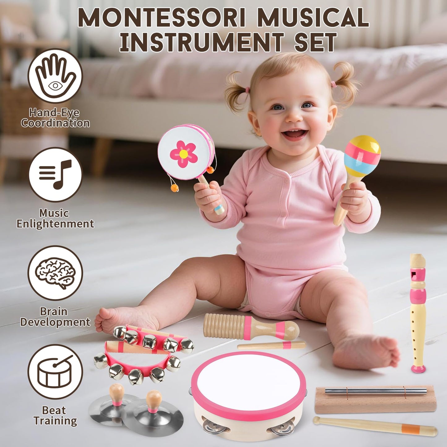 Aliex Pink 8-in-1 Montessori Wooden Musical Toys for Toddlers 1-3