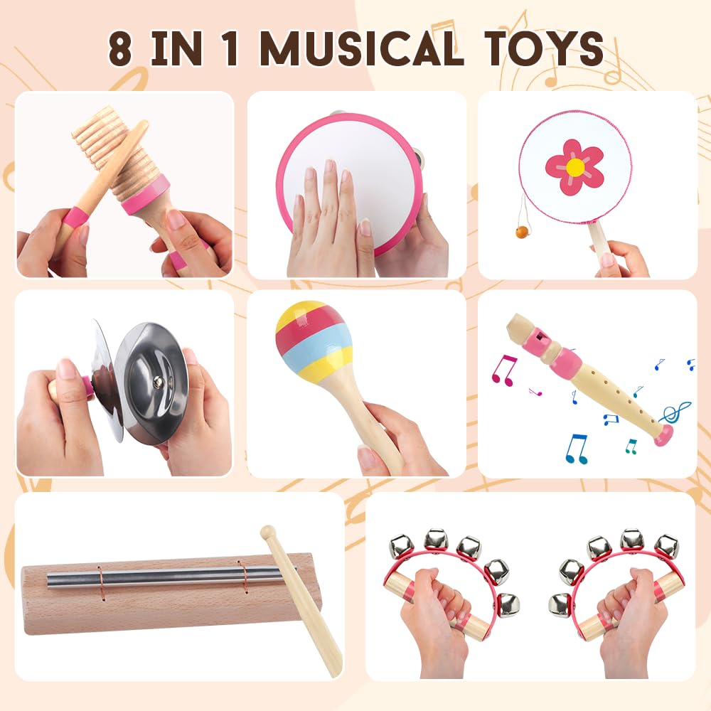 Aliex Pink 8-in-1 Montessori Wooden Musical Toys for Toddlers 1-3