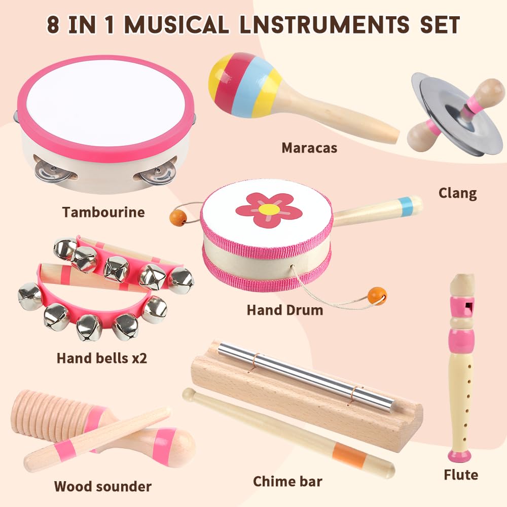 Aliex Pink 8-in-1 Montessori Wooden Musical Toys for Toddlers 1-3