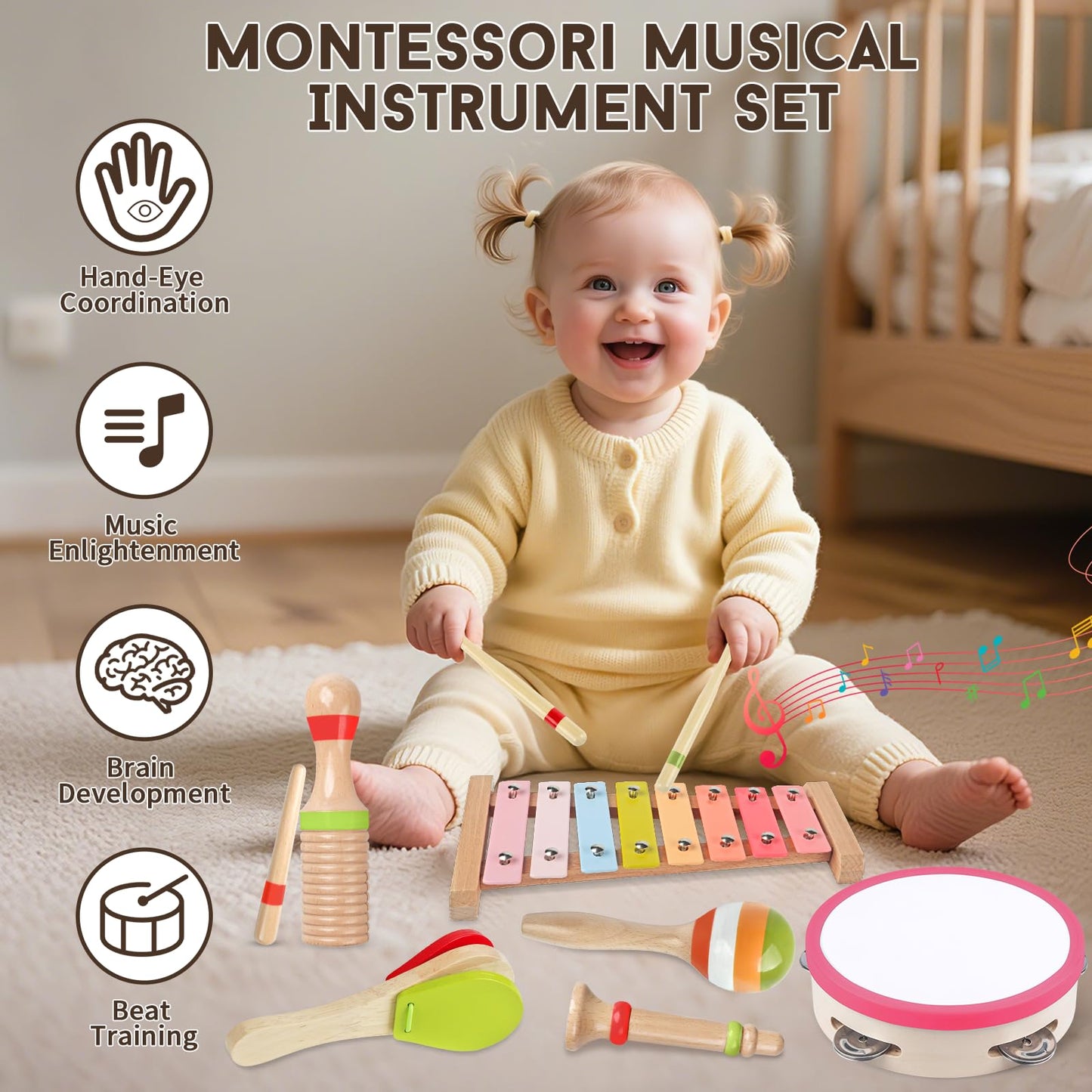 Aliex Baby Montessori Musical Instruments for Girls – 6-in-1 Pink Wooden Xylophone Set