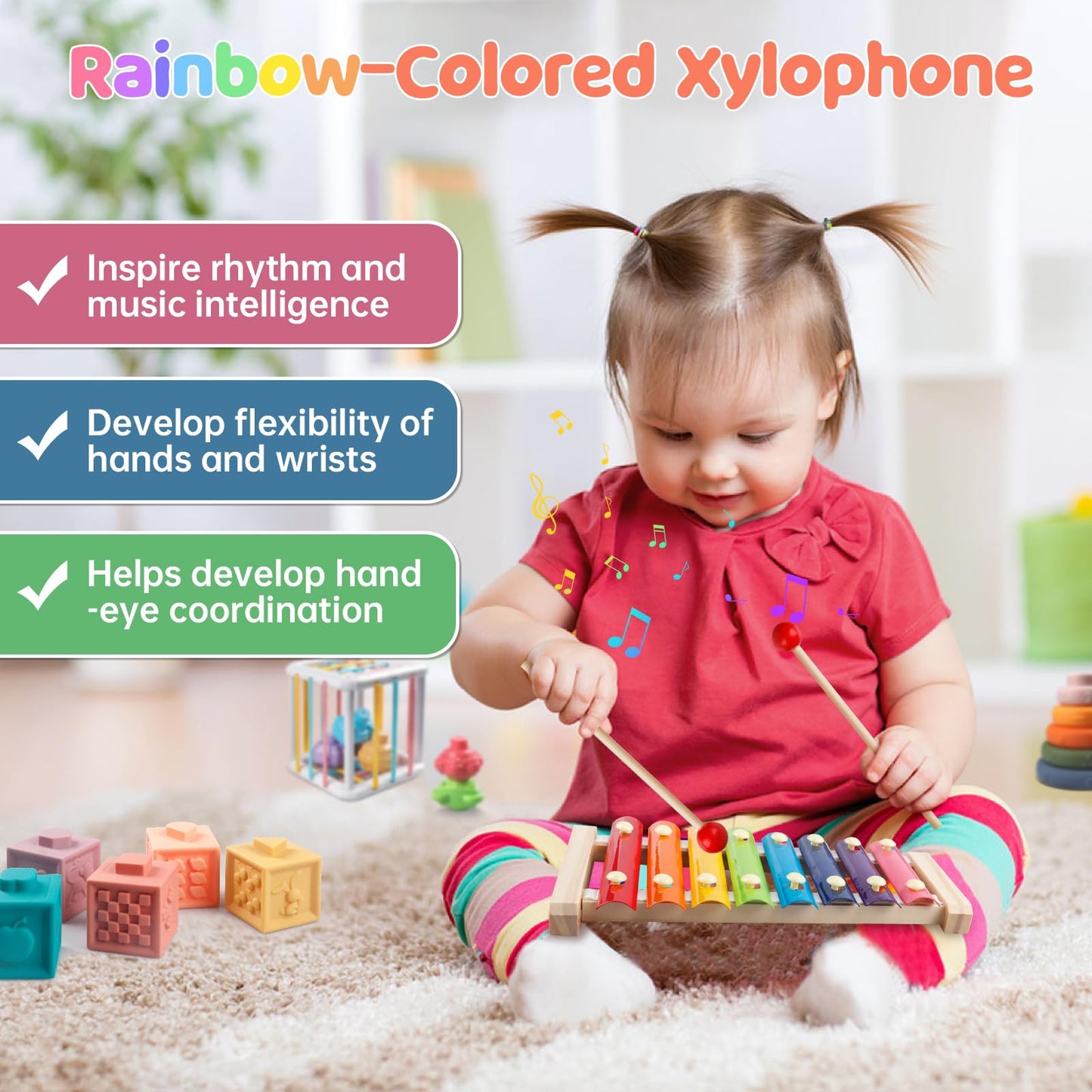 Aliex 6-in-1 Montessori Baby Toys for 1 Year Olds | Sensory Teether, Stacking Blocks & Xylophone