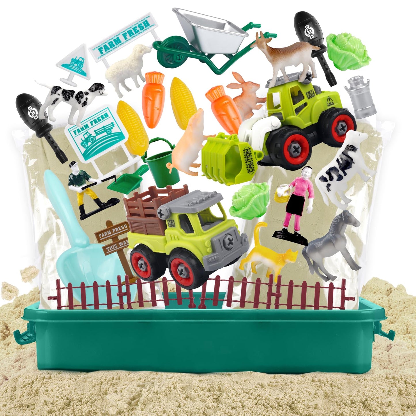 Aliex Farm Sensory Bin – 2.2 lbs Play Sand, 31pc Farm Toys & Lid (Ages 3–8)