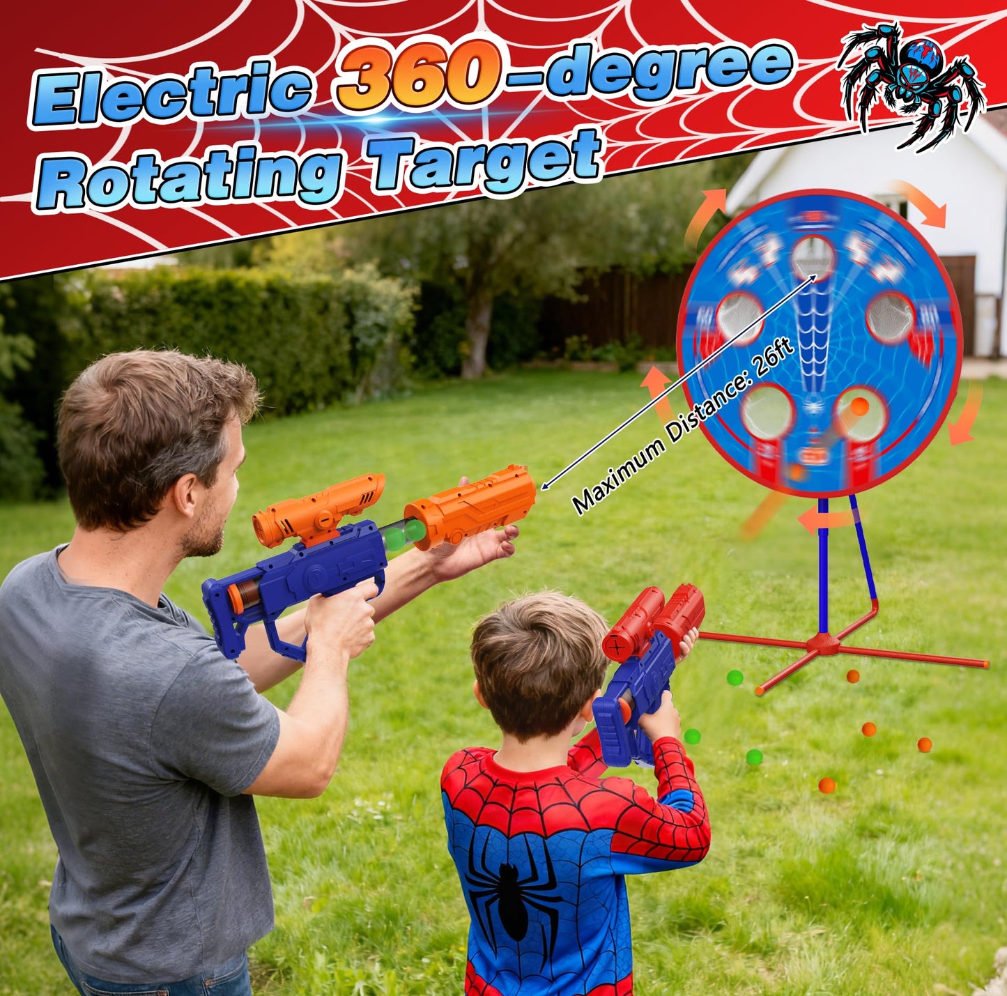 Aliex Spider Upgraded 2-in-1 Shooting Games Toy – Rotating Target, 2 Air Blasters & 24 Foam Balls