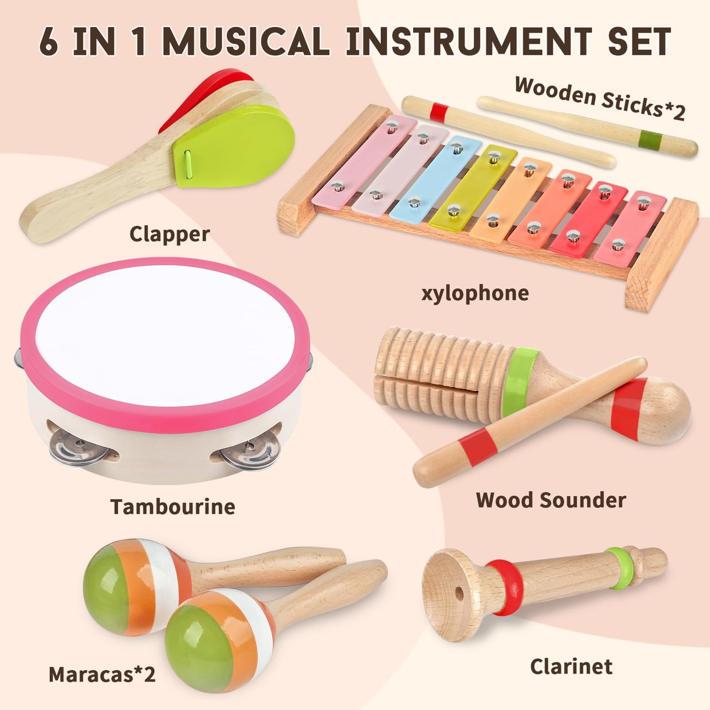 Aliex Baby Montessori Musical Instruments for Girls – 6-in-1 Pink Wooden Xylophone Set