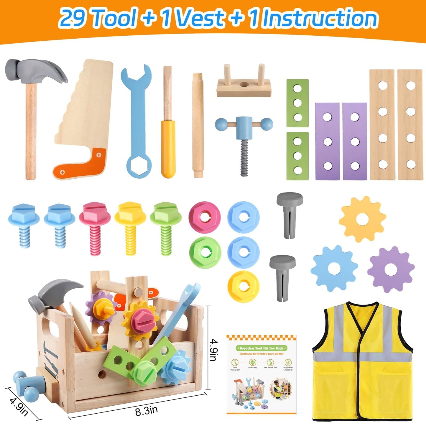 Aliex Wooden Kids Tool Set – 30pc Montessori Toys for Toddlers | Educational STEM Gift