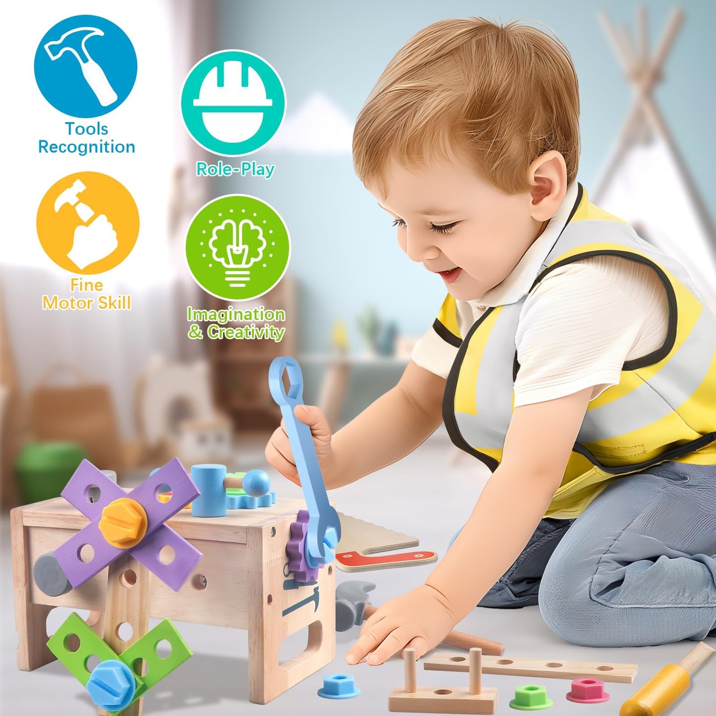 Aliex Wooden Kids Tool Set – 30pc Montessori Toys for Toddlers | Educational STEM Gift