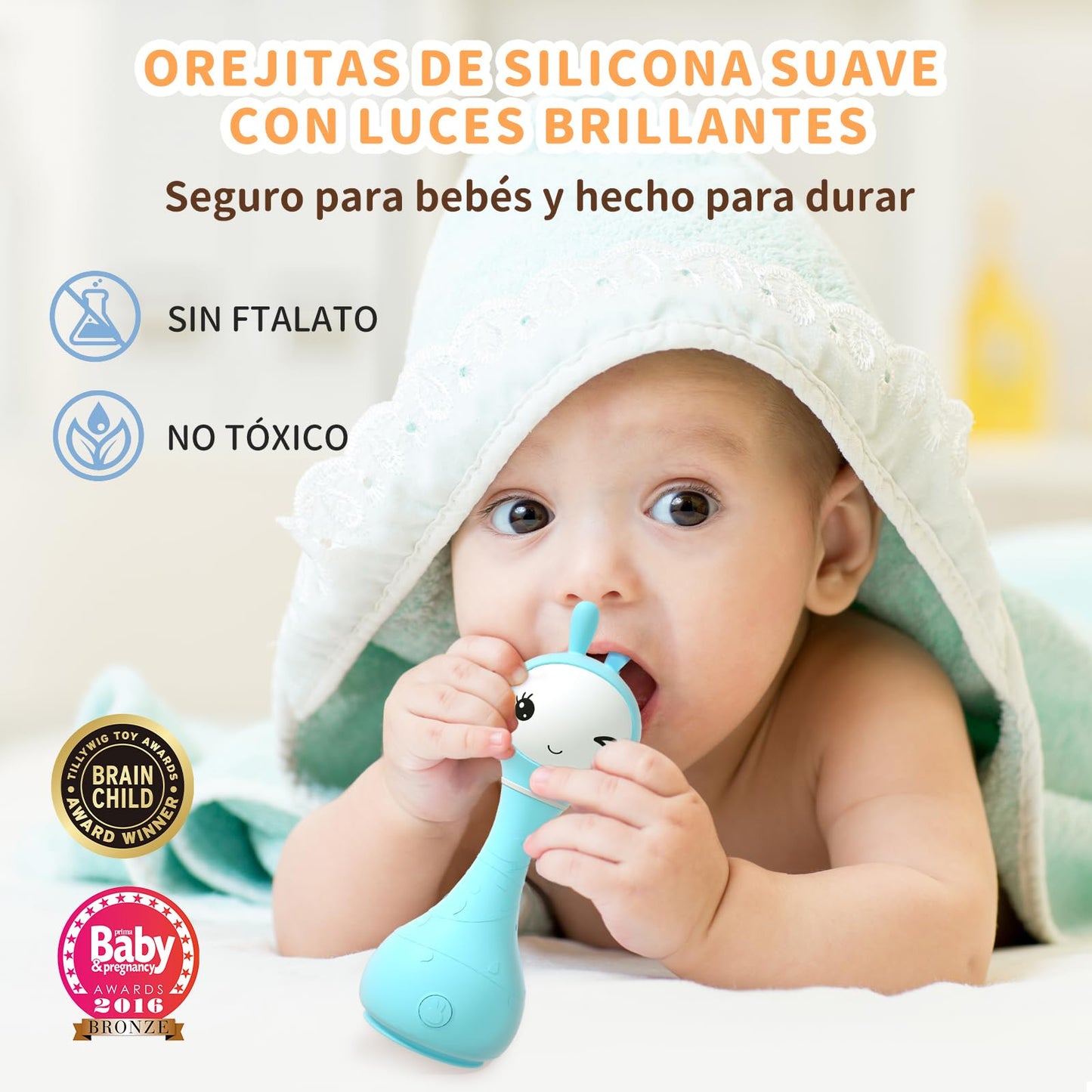 Alilo Baby Musical Rattle Toy - 66 Sounds, 15 Songs, Light-Up Ears, Color Recognition, Rechargeable