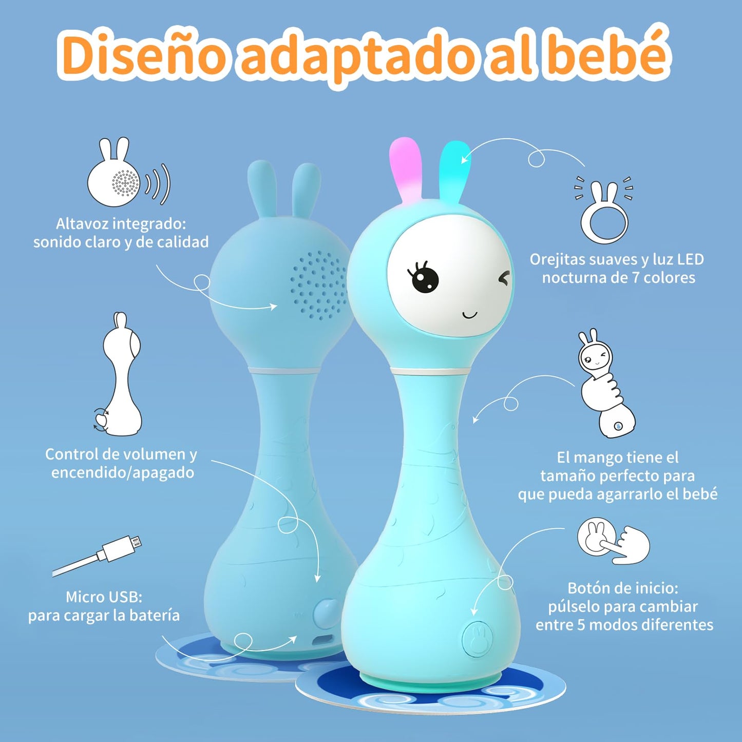 Alilo Baby Musical Rattle Toy - 66 Sounds, 15 Songs, Light-Up Ears, Color Recognition, Rechargeable