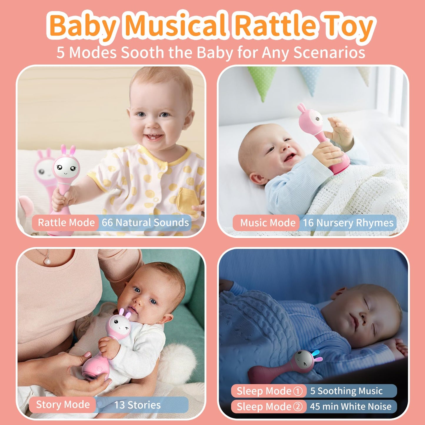 alilo Smarty Bunny Baby Rattle – 4 Music Modes, Light-Up Ears & Color Recognition (0–24 Months)