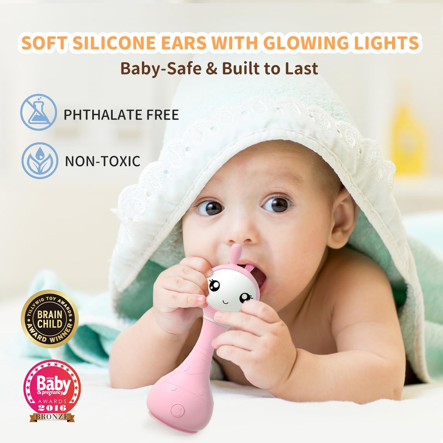 alilo Smarty Bunny Baby Rattle – 4 Music Modes, Light-Up Ears & Color Recognition (0–24 Months)