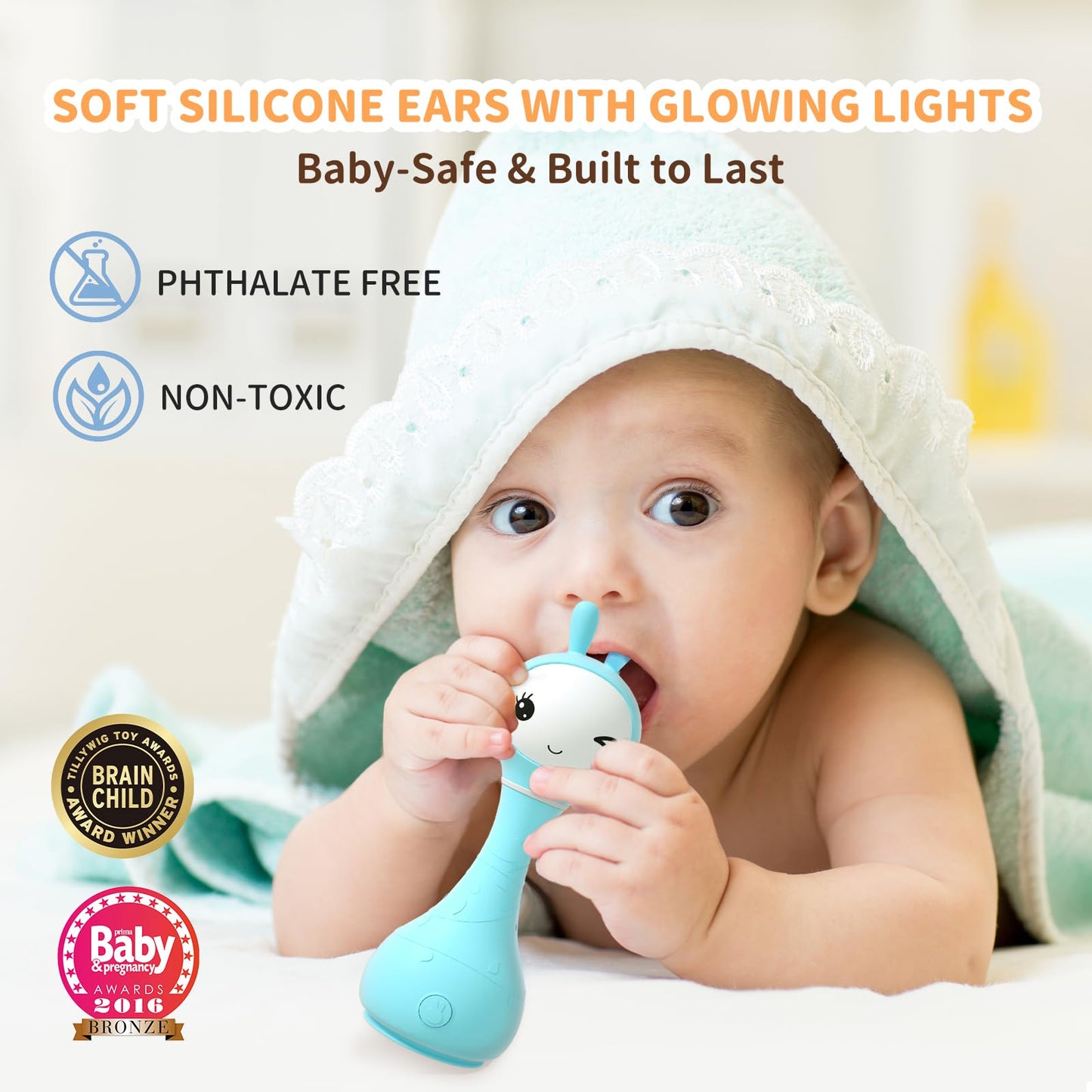 Alilo Smarty Bunny Baby Rattle — Musical Light-Up Toy for 0-24 Months with 5 Modes & Color Card