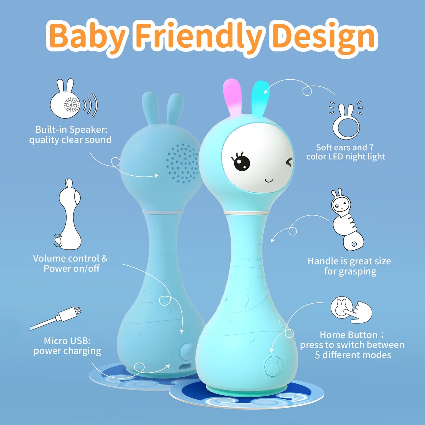 Alilo Smarty Bunny Baby Rattle — Musical Light-Up Toy for 0-24 Months with 5 Modes & Color Card