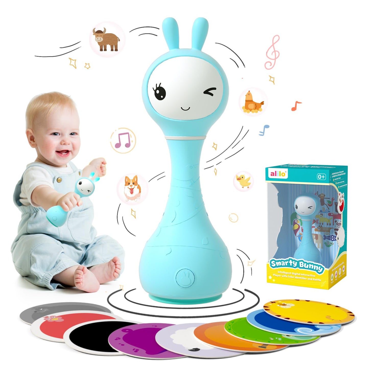Alilo Smarty Bunny Baby Rattle — Musical Light-Up Toy for 0-24 Months with 5 Modes & Color Card