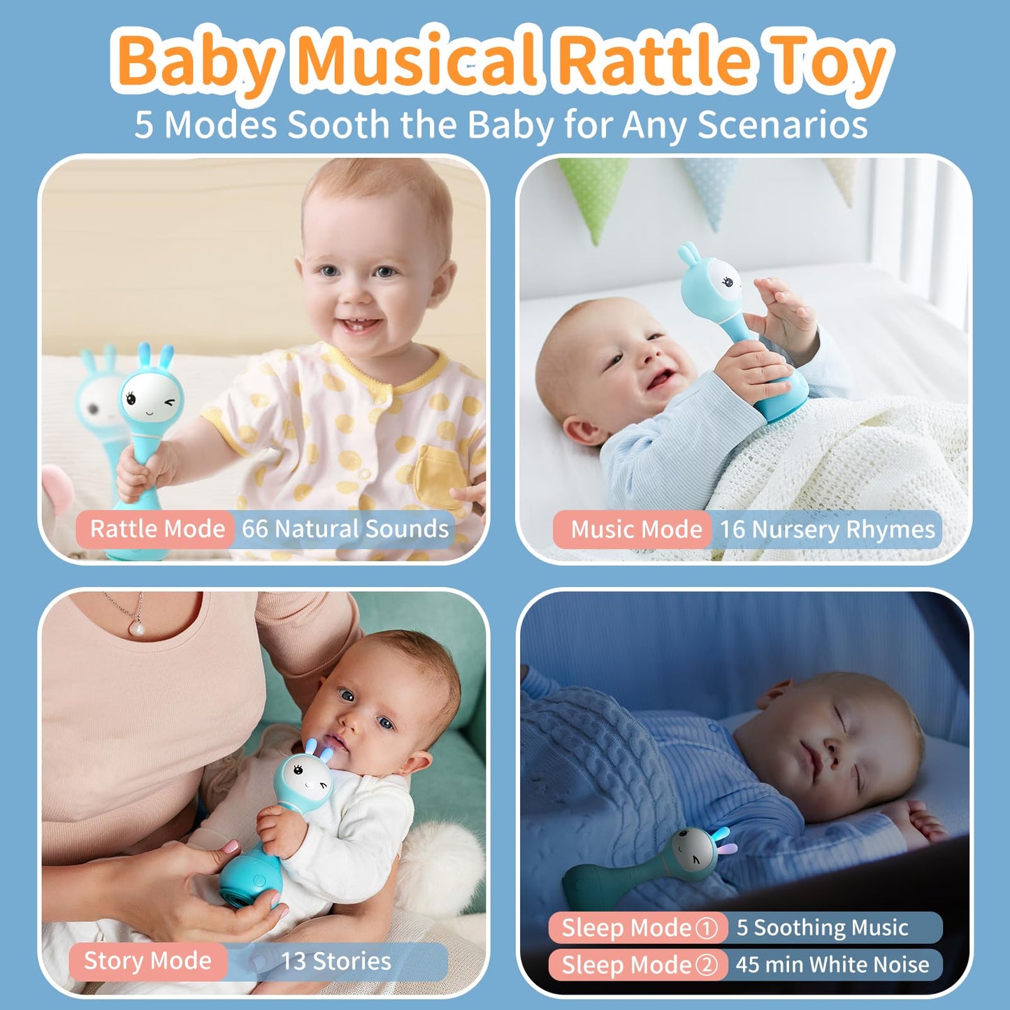 Alilo Smarty Bunny Baby Rattle — Musical Light-Up Toy for 0-24 Months with 5 Modes & Color Card