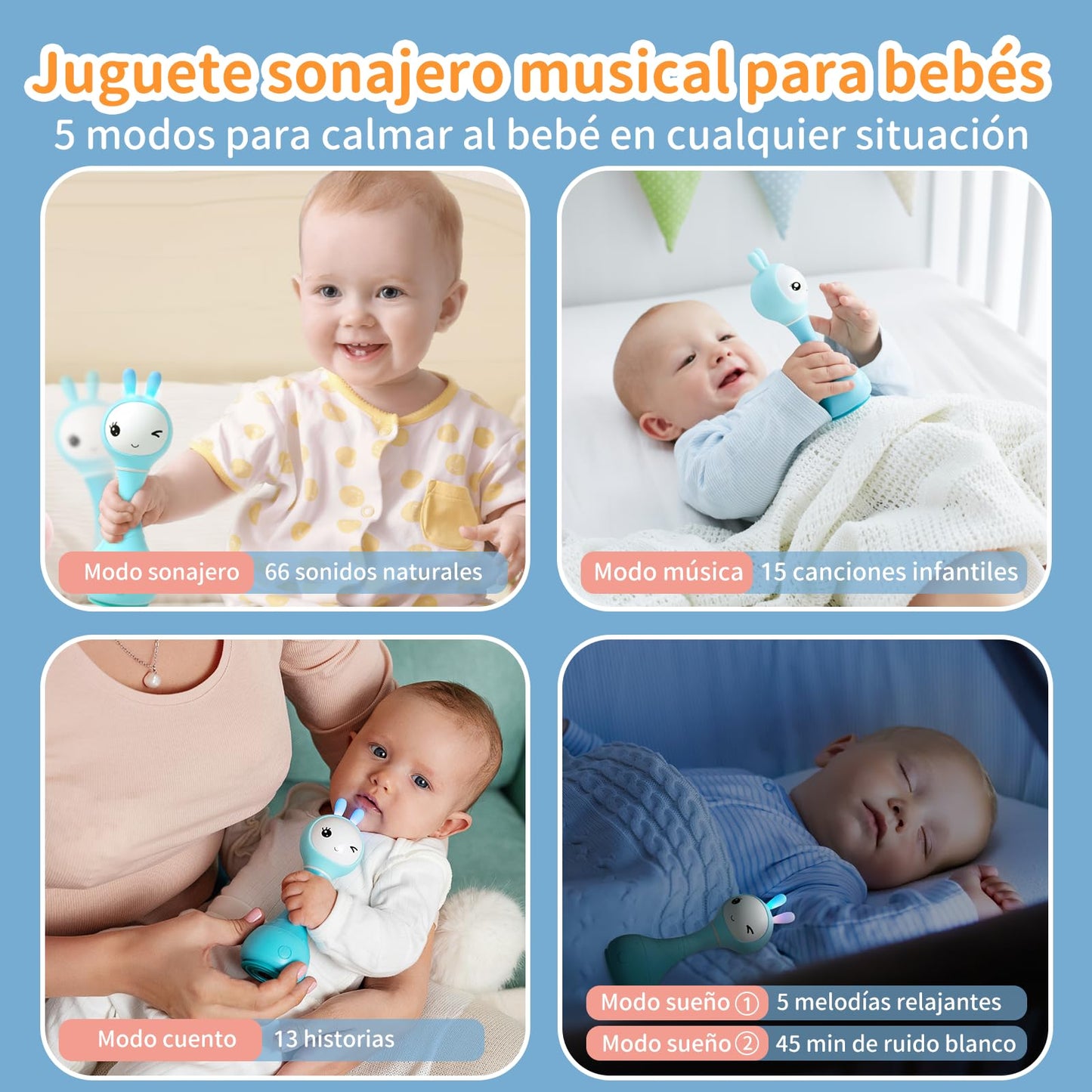 Alilo Baby Musical Rattle Toy - 66 Sounds, 15 Songs, Light-Up Ears, Color Recognition, Rechargeable