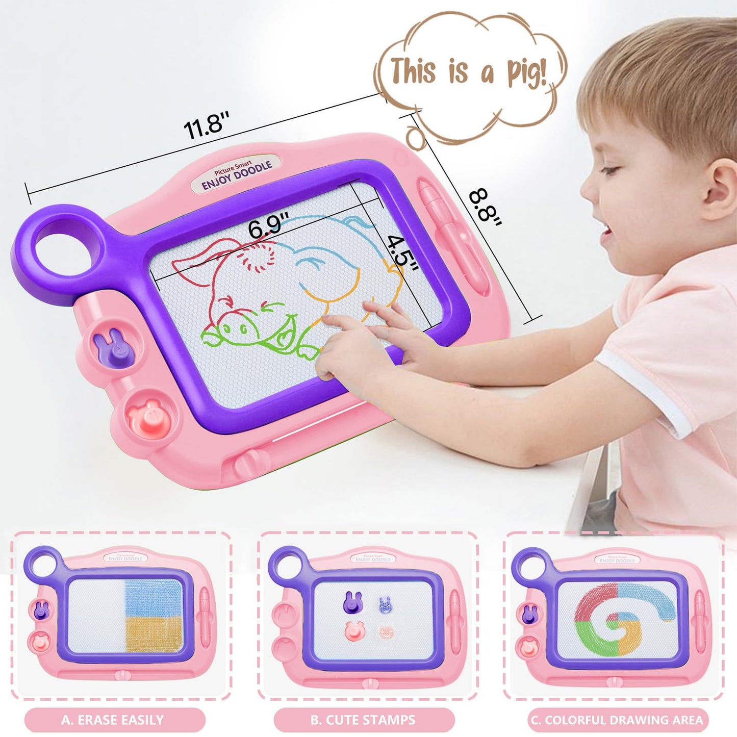 ALISKAGZE Magnetic Drawing Board for Toddlers (Ages 3–4) – Erasable Doodle Board with Pen & 2 Stamps, Travel Toy