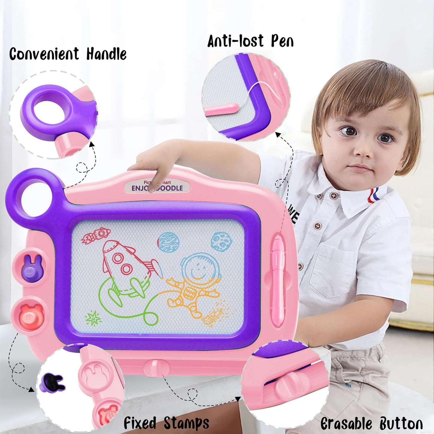ALISKAGZE Magnetic Drawing Board for Toddlers (Ages 3–4) – Erasable Doodle Board with Pen & 2 Stamps, Travel Toy