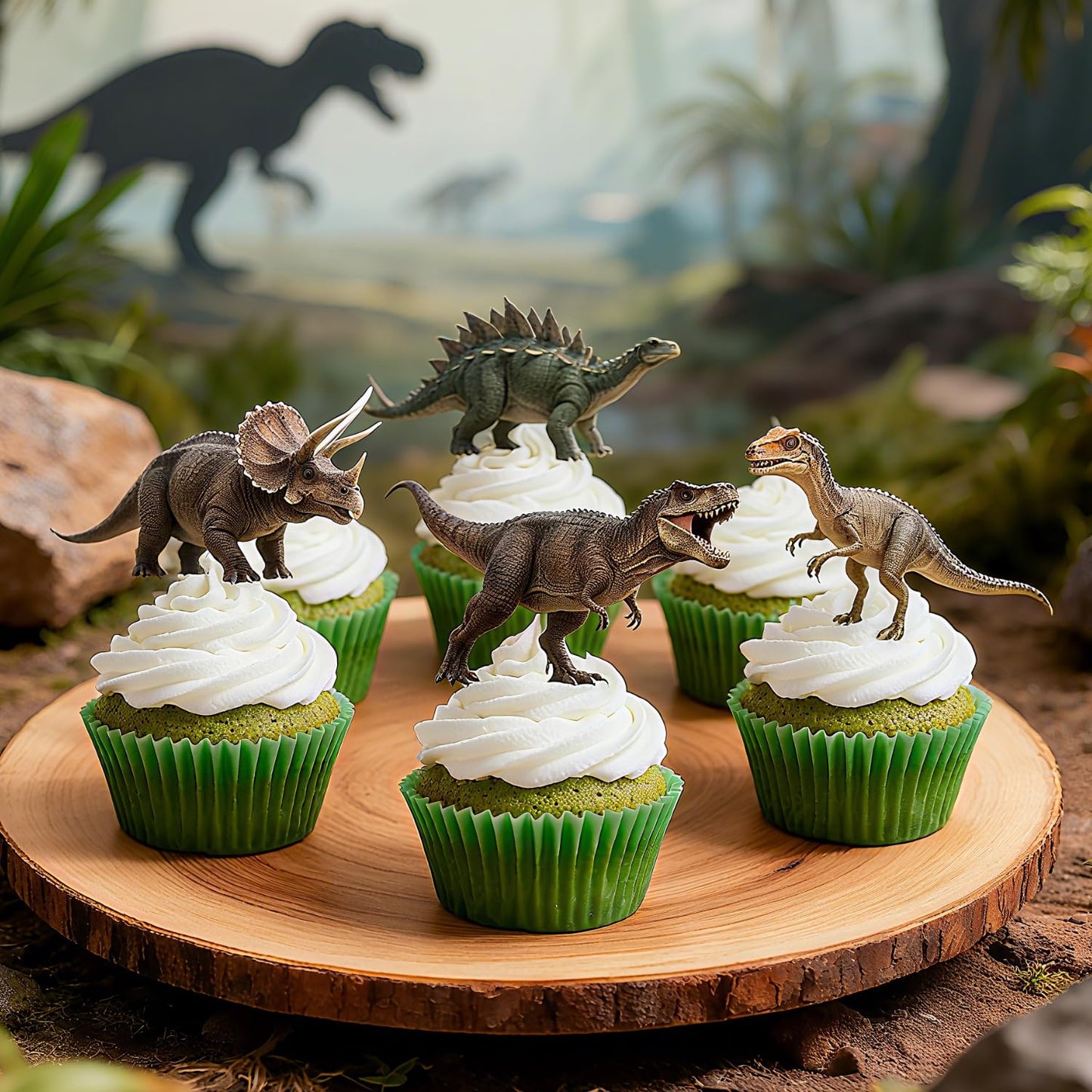 ALISSAR 36 Pcs Dinosaur Cupcake Toppers – Pre-assembled Dino Cake Decor