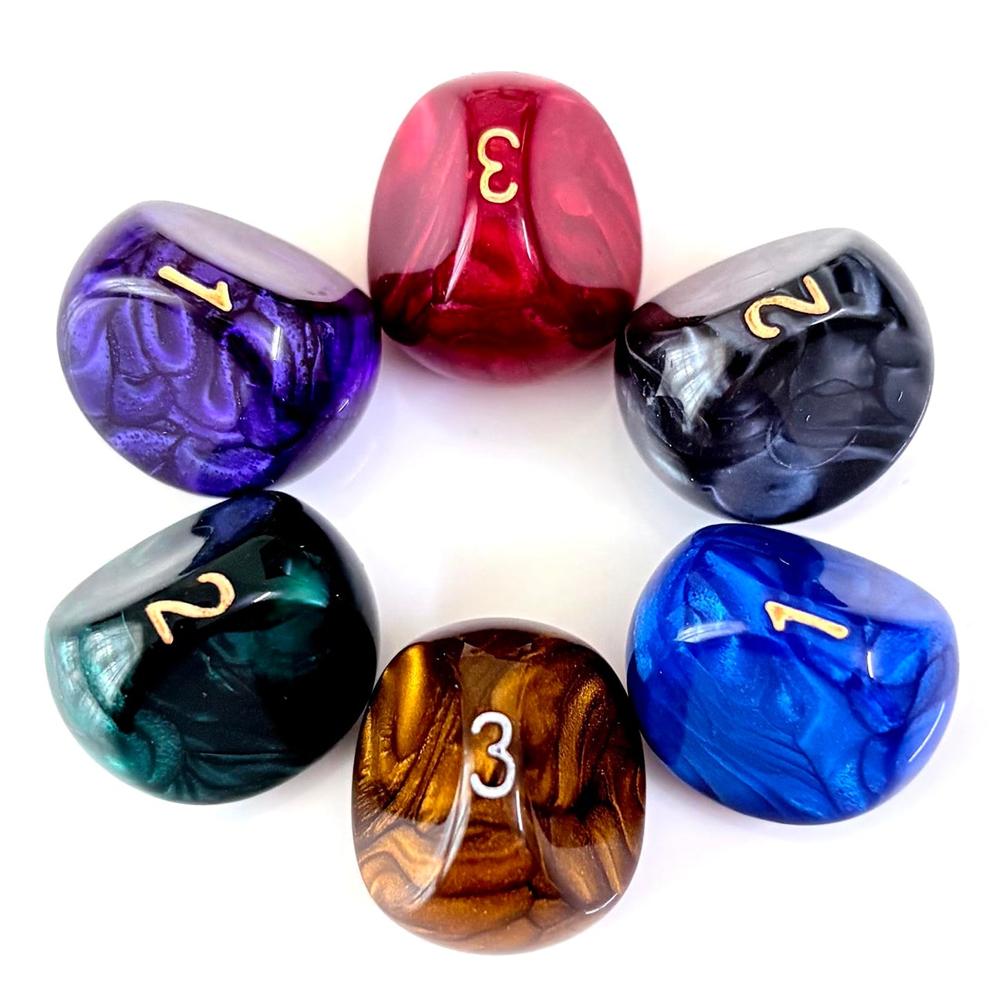 ALiuxiluo Marbled D3 Dice Set – 6-Piece Multi-Color with Gold Numerals