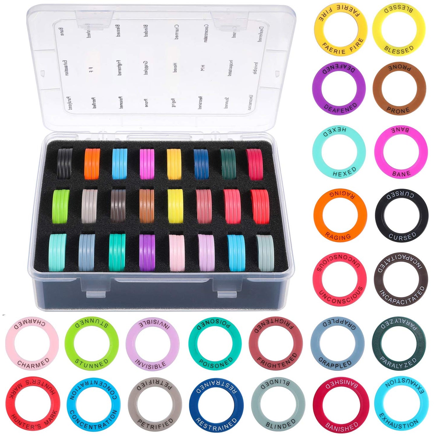 ALIZERO Upgraded DND Miniatures Condition Rings - 96 Status Markers in 24 Conditions with Premium Foam Box