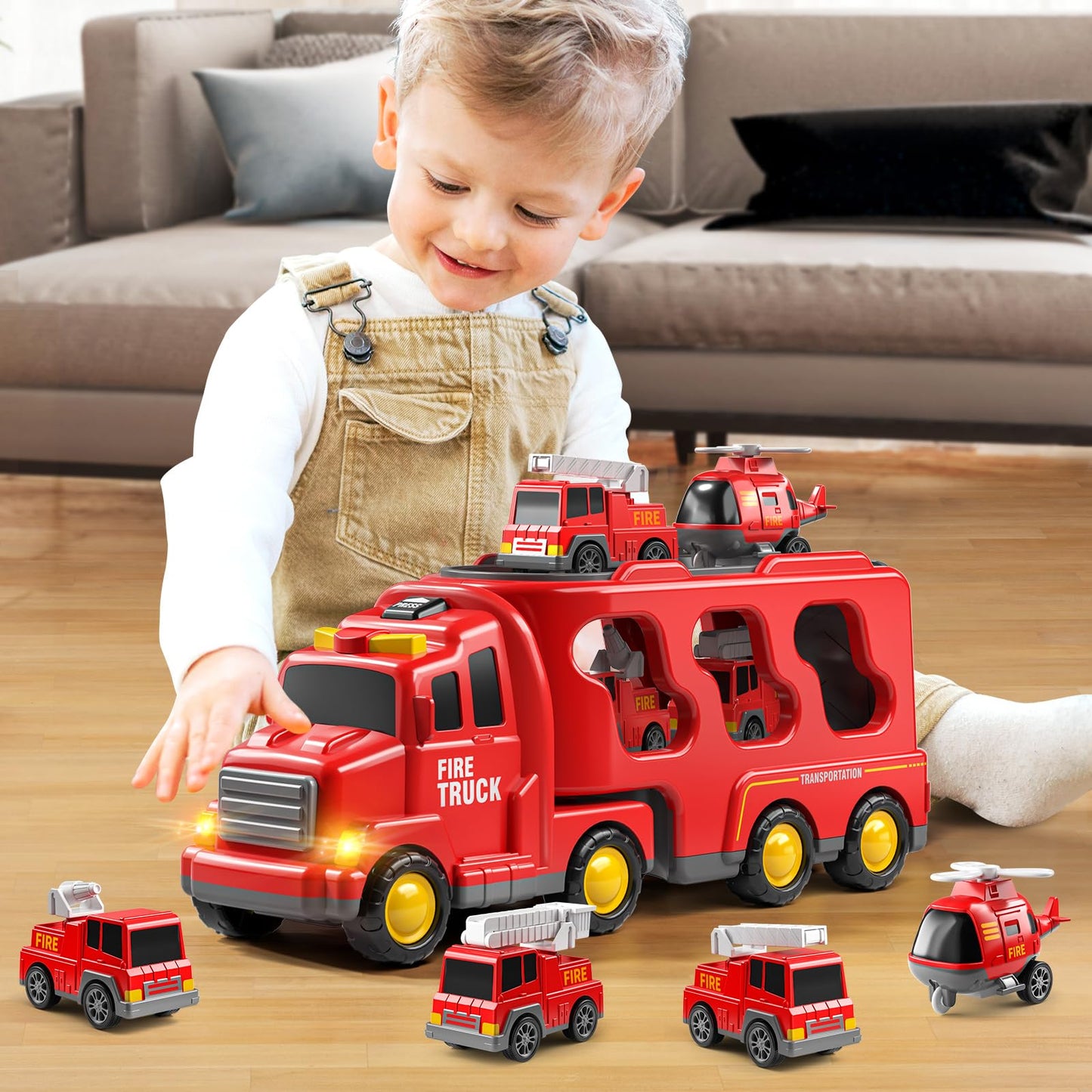 JUKUDAHU 5-in-1 Fire Carrier Truck Toy Set for Kids 3-9