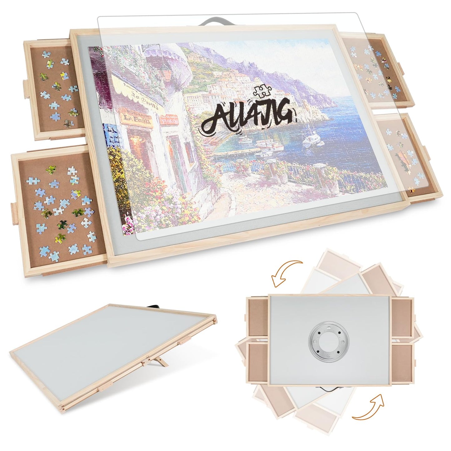 ALL4JIG 1500-Piece 2-in-1 Tilting & Rotating Puzzle Table | Wooden Puzzle Table with 4 Drawers, Lazy Susan & Cover (25.2" x 34.2")