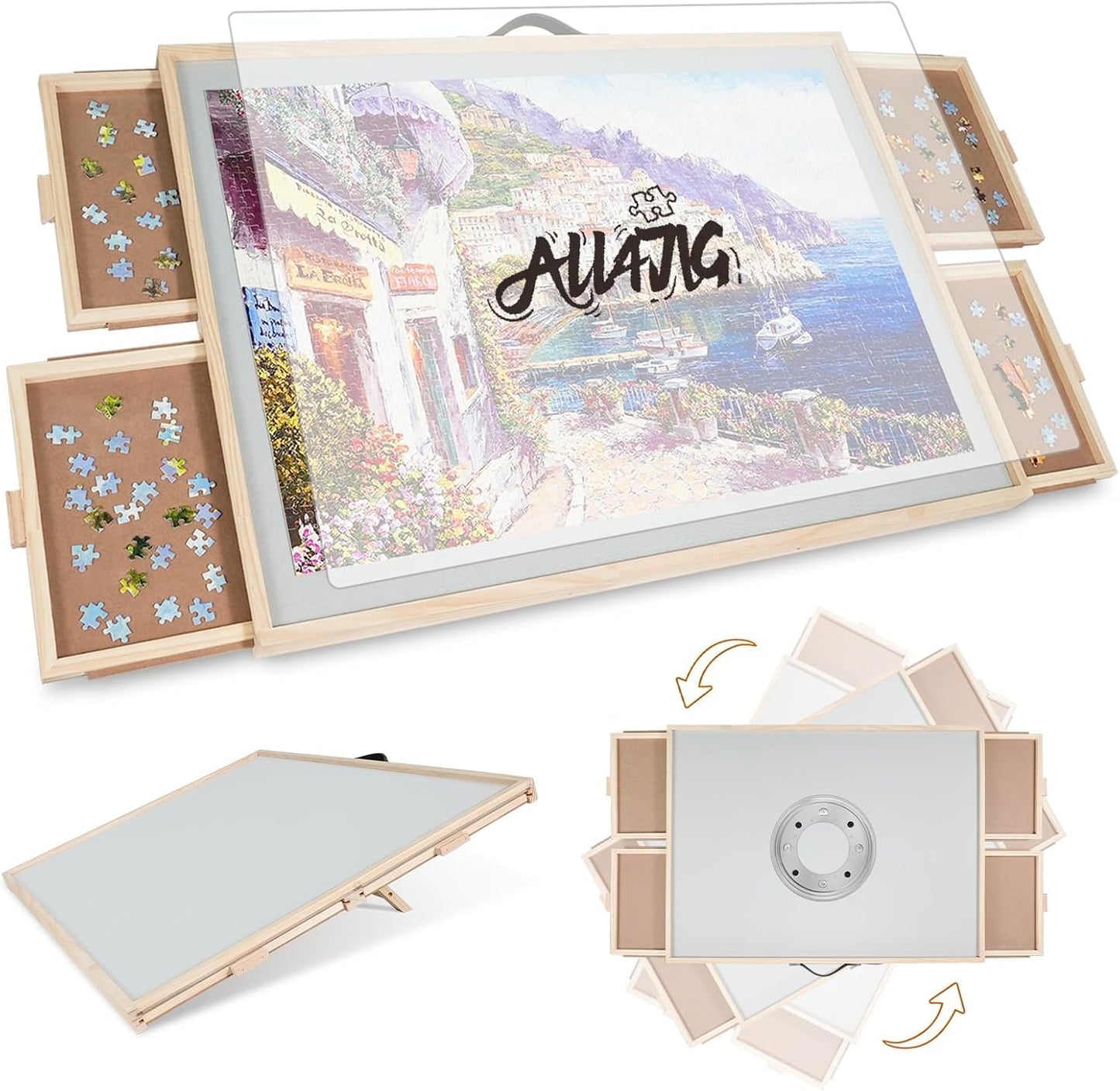 ALL4JIG 2000-Piece 2-in-1 Tilting & Rotating Puzzle Board – Portable Wooden Puzzle Table with Drawers & Cover