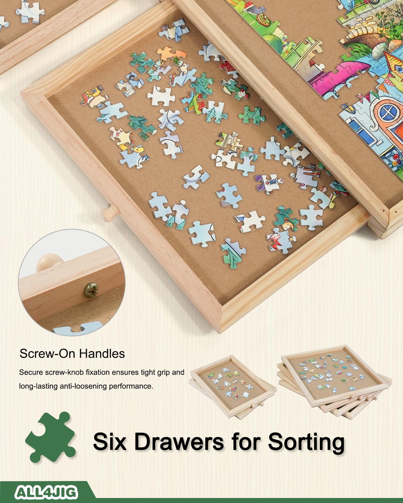 ALL4JIG 1500-Piece Rotating Puzzle Board with 6 Drawers and Cover — 25x34 Portable Wooden Jigsaw Table for Adults