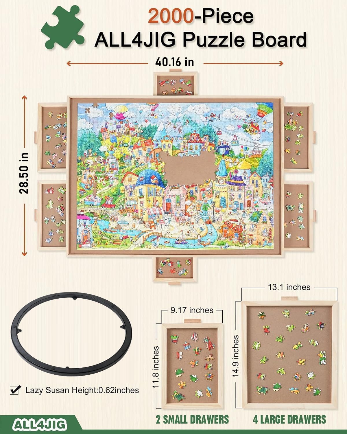 ALL4JIG 2000-Piece Rotating Puzzle Board with 6 Drawers – 28x40-Inch Wooden Puzzle Table