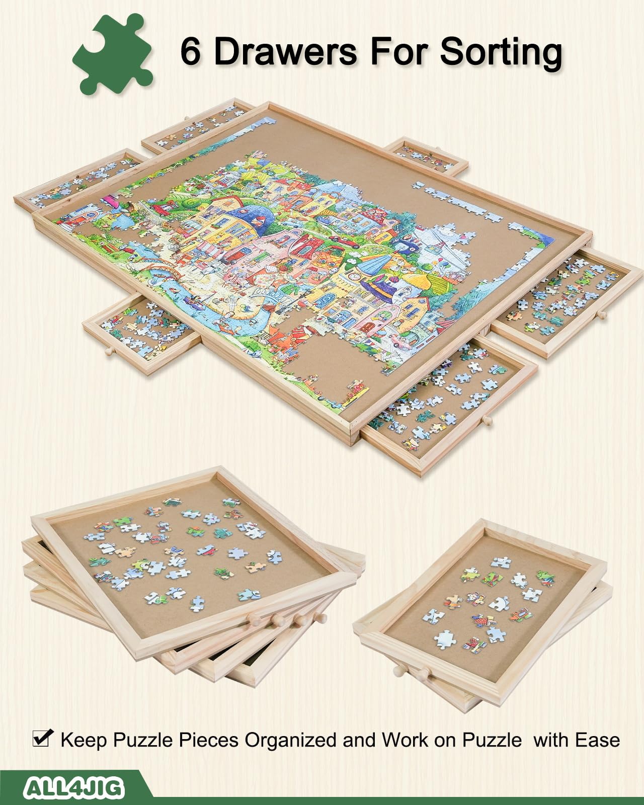ALL4JIG 1500-Piece Rotating Puzzle Board with 6 Drawers and Cover — 25x34 Portable Wooden Jigsaw Table for Adults